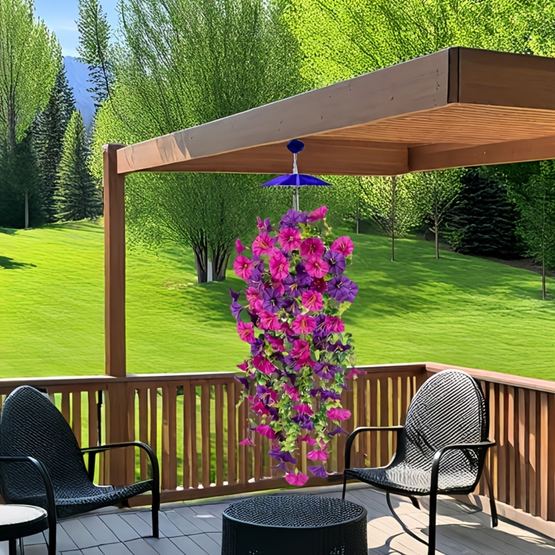 2pcs UV-Resistant Artificial Morning Glory & Eucalyptus Hanging Decor - Perfect for Home Garden Weddings Versatile Outdoor Decor