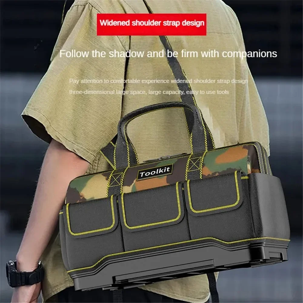 Camouflage Tool Bag with Plastic Bottom Shoulder Strap Multiple Pockets Tool Pounch Tool Storage Organizer for Electrician Tool