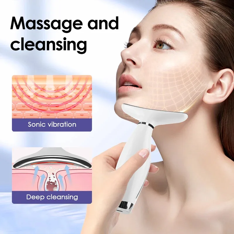 7 colori Luci a LED Dispositivo di bellezza per il viso e il collo Massaggio vibrante Migliora le linee del collo Uso domestico Macchina per il lifting del viso 7 modalità 3 livelli
