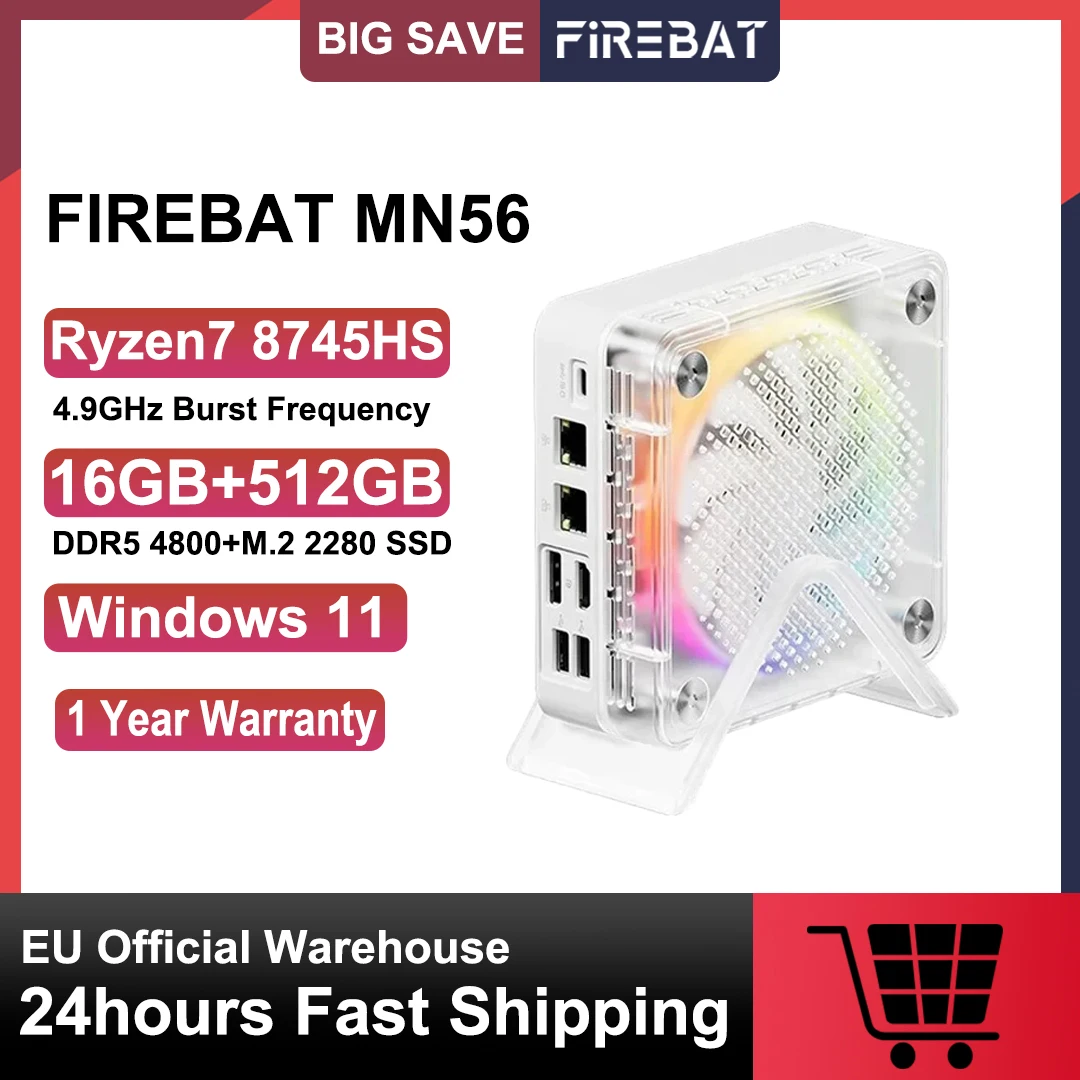 FIREBAT MN56 MINIPC AMD R7-8745HS Mini PC Kolorowy Komputer Gralowy 16GB 512GB DDR5 RJ45 Komputer Stacjonarny do Gier BT5.2 WIFI6