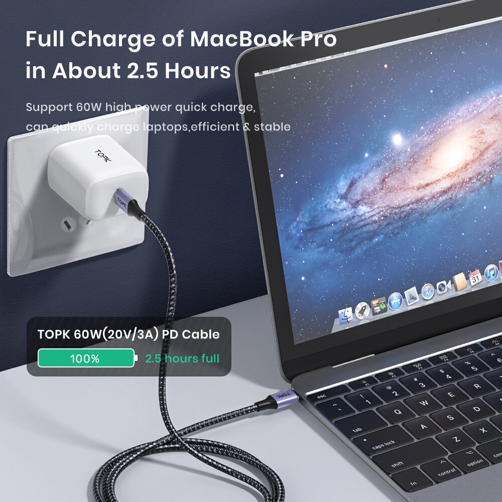 Topk สายชาร์จเร็ว PD 60W USB C TO USB Type C สำหรับ MacBook Pro USB C PD สายชาร์จเร็วสำหรับ Samsung xiaomii