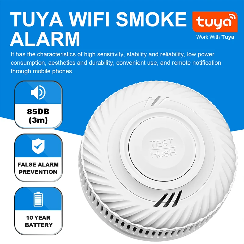 เครื่องตรวจจับควันไฟอัจฉริยะด้วย Wifi Tuya แบตเตอรี่10ปีสำหรับห้องนั่งเล่นร้านห้องครัว