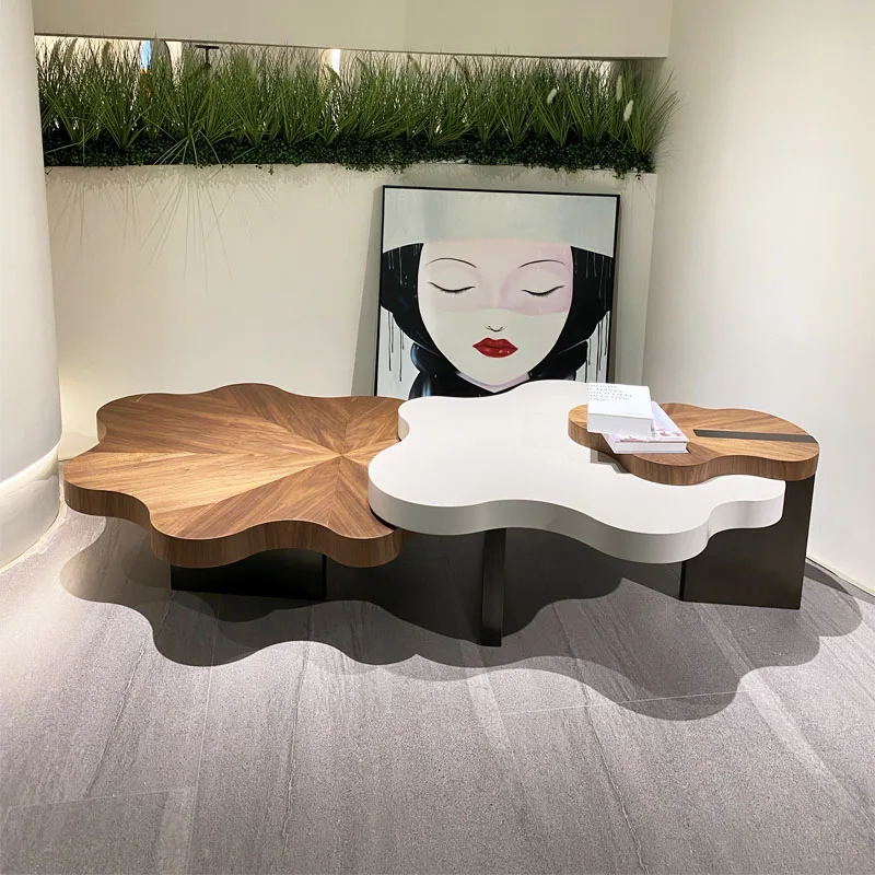 Mesa de centro contemporânea em forma de pétala, móveis para casa, base de metal com flor moderna, mesa de centro folheada de madeira, nova