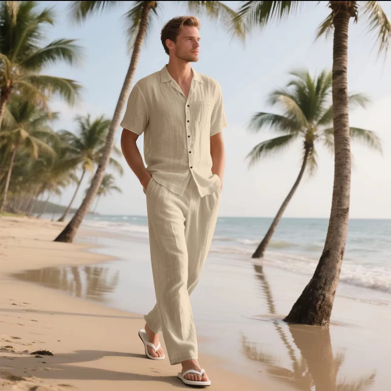 Das 2025 Summer Beach Herren-Kurzarmhemd-Set aus Leinen ist ein zweiteiliges langes Hosen-Set, das für alltägliche, lässige Strandurlaub geeignet ist