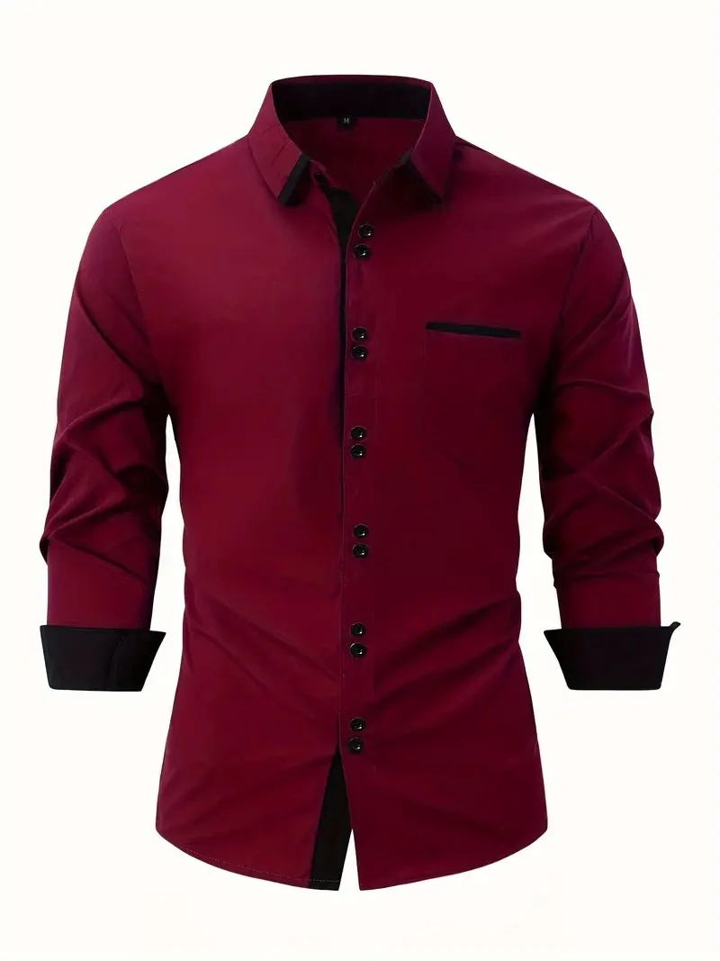 Camisa de algodón informal de negocios para hombre con bolsillo, solapa a juego, cómoda camiseta de manga larga para vacaciones