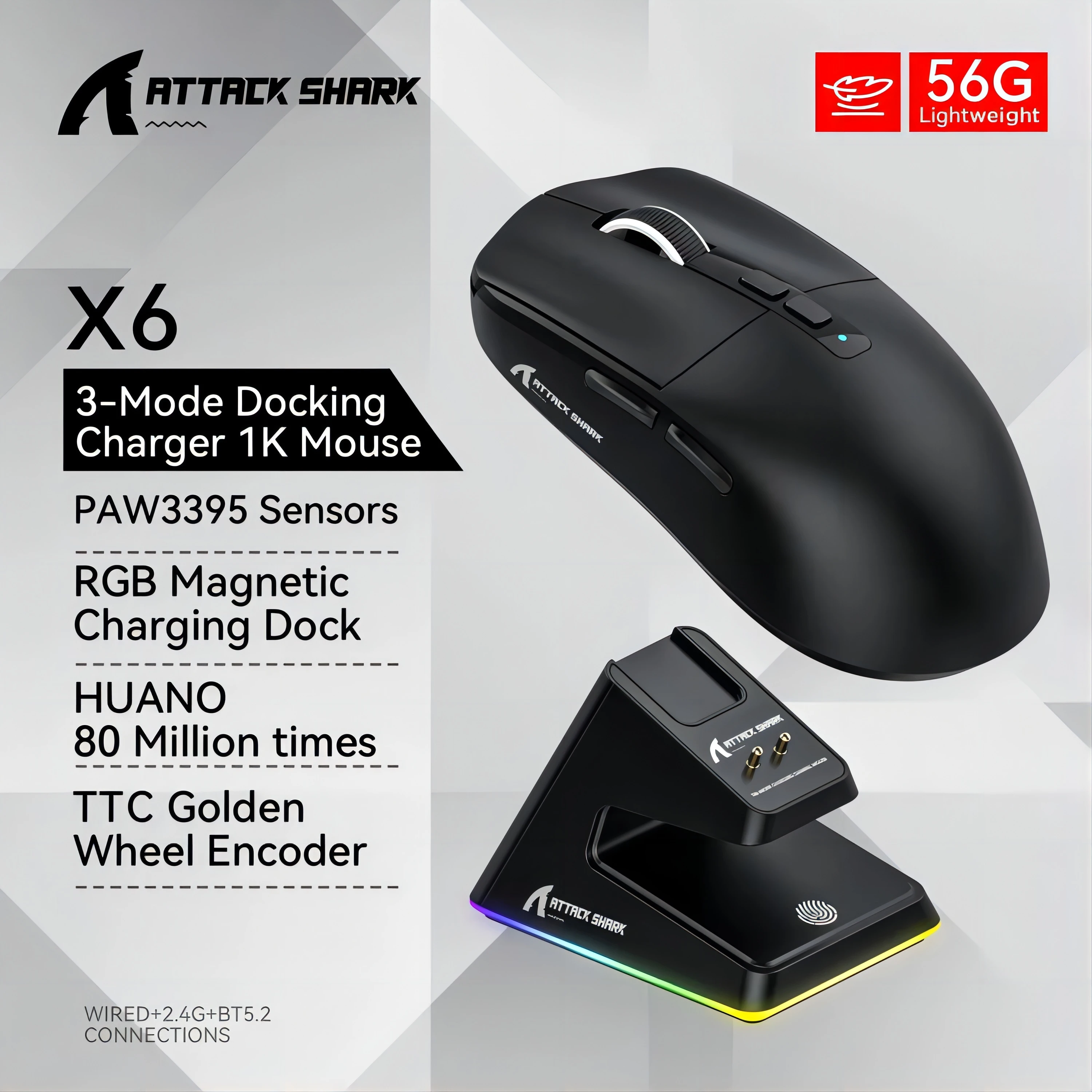 Aanval Haai X6 Paw3395 Bluetooth Muis, Tri-Mode Verbinding, Rgb Touch Magnetische Oplaadbasis, Macro Gaming Muis