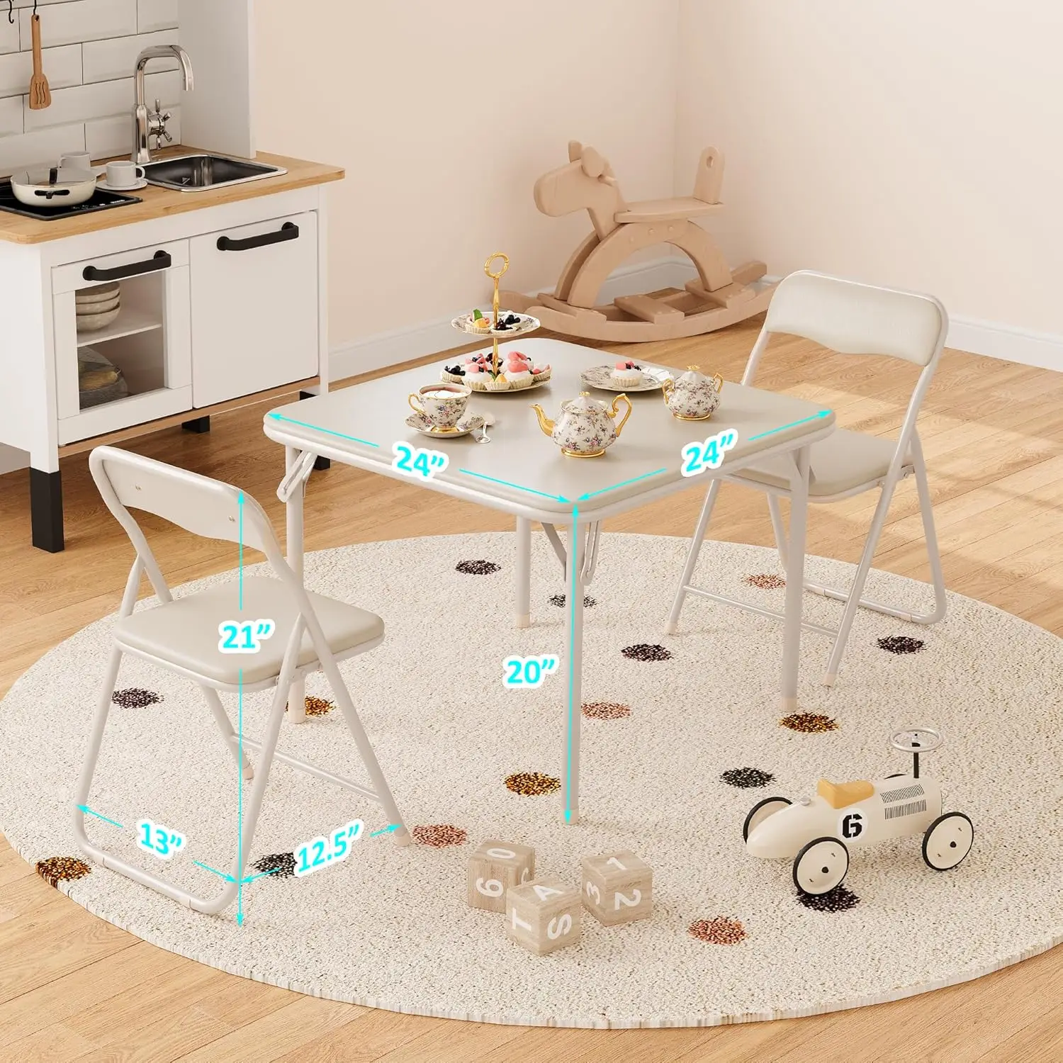 Boys and Girls Folding Table and Chairs Set of 3 Portable Table and Chair with PU Soft Cushion for Eating, Reading and Playing