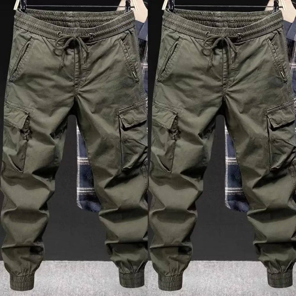 Pantalones con cintura elástica, pantalones Cargo para hombre con cordón, cintura elástica, múltiples bolsillos, diseño de banda en el tobillo para uso diario en la cadera