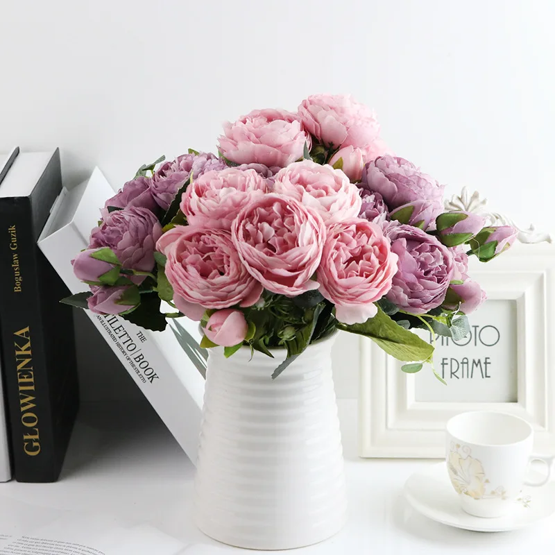 1 Bundle ประดิษฐ์ดอกกุหลาบดอกไม้ผ้าไหม Peony Bouquet ตกแต่งอุปกรณ์เสริมงานแต่งงานสมุดภาพพืชปลอม DIY Pompons