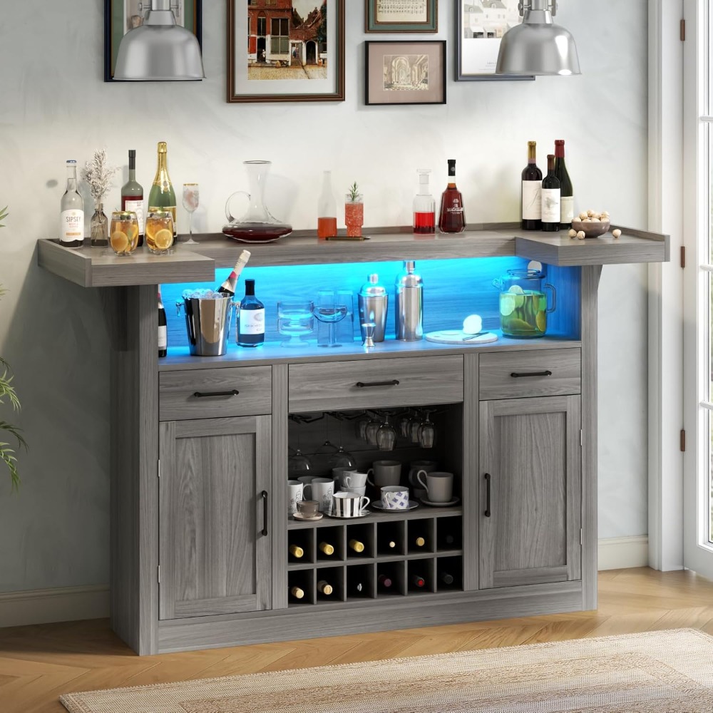 Bar Table Cabinet with LED & 3 Drawers,Liquor Bar with Adjustable Storage Shelves & Stemware Holders,Crescent Shaped Counter