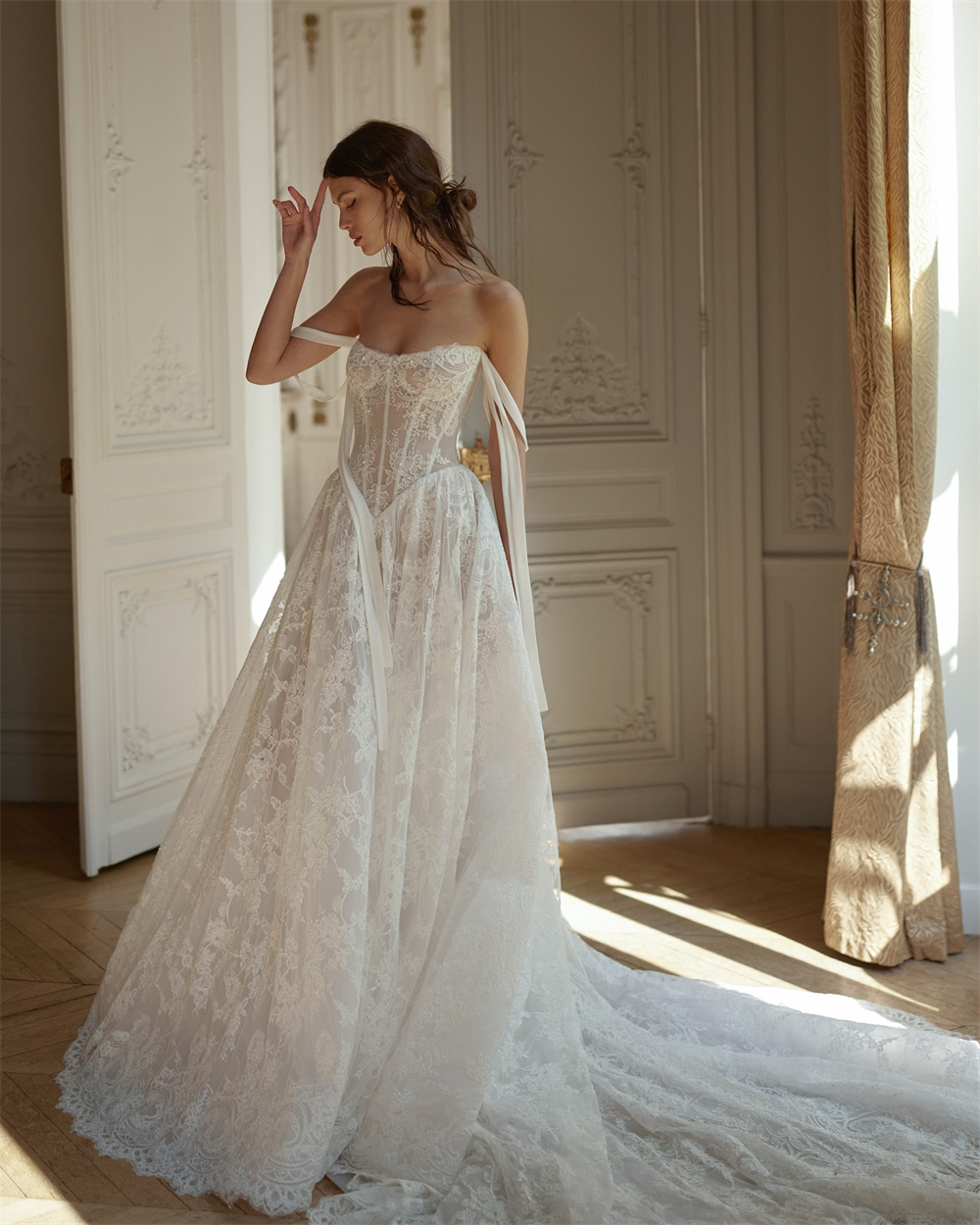 Kyoto Customize Ivory Lace Appliques Off Shoulder Wedding Dress A-Line Long Train vestidos de novia Zip Back Formal Evening 2025