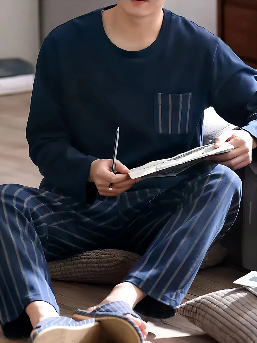 Pijamas masculinos adolescentes de manga comprida primavera e outono pulôver masculino mais gordura tamanho grande roupas para casa terno fino