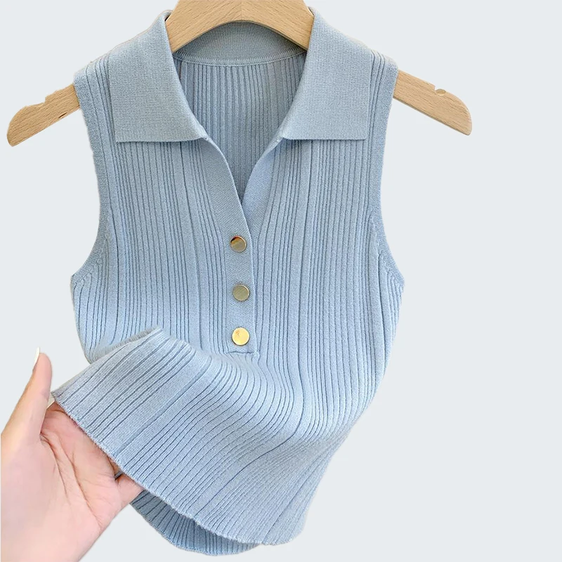 Chaleco de Color liso a la moda, chaleco Sexy con solapa y botones para mujer, camiseta interior sin mangas con cuello tipo Polo informal con temperamento