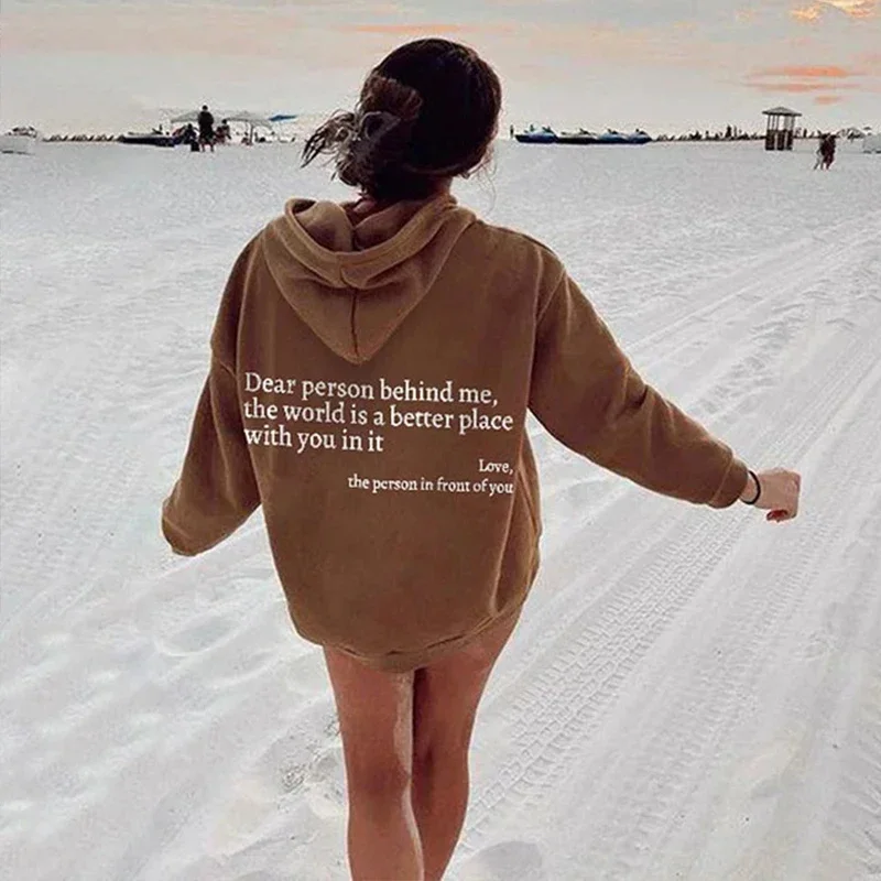 Camisola feminina com capuz estético extragrande, jovem senhora pulôver, camisola com carta impressa, Hoodie querida pessoa atrás de mim, tops outono