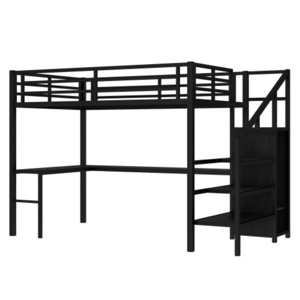 Full Size Loft Bed with L-shaped Desk and USB, Metal Loft Bed with Wardrobe and Adjustable Shelf, High Loft Bed with LED for Kid