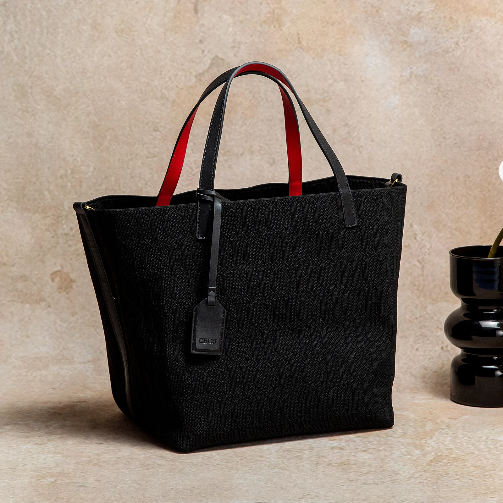 CHCH Tote Bag New Large Capacity Black Simple Knitted Shopping Bag 27*20*28cm