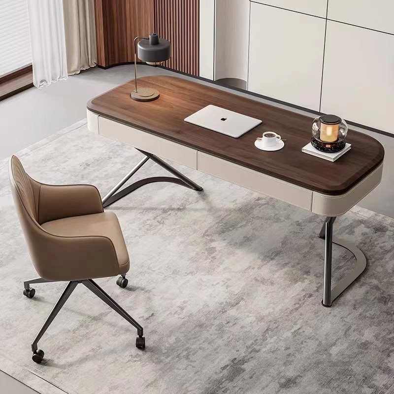 Mesa de madeira maciça de alta qualidade, moderna e minimalista, sala de estar, folheado de nogueira, couro, estudo, computador