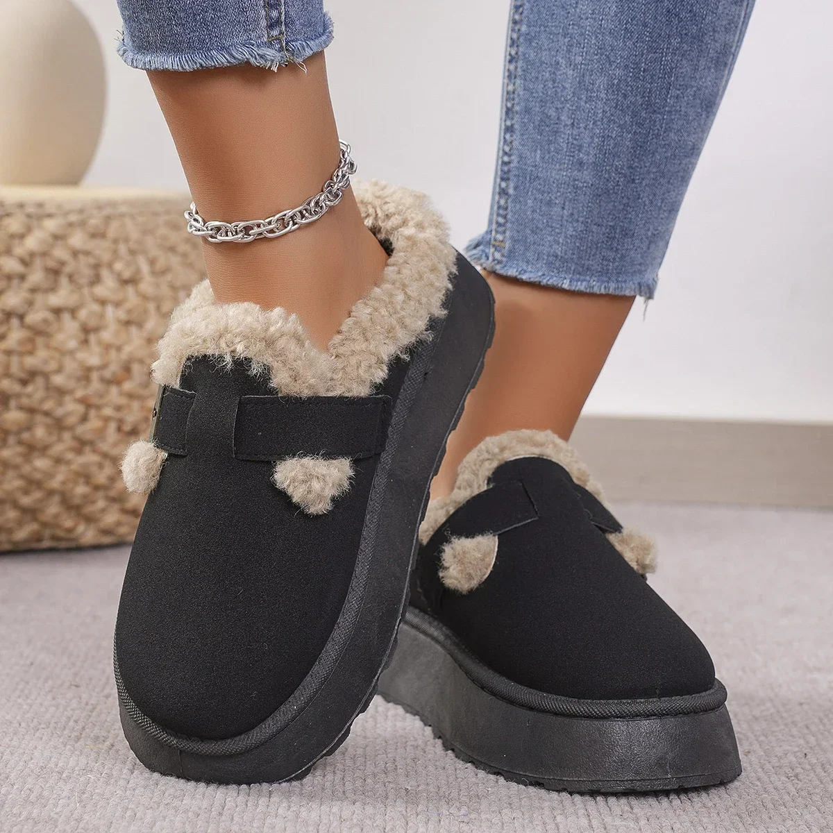 Nuevos zapatos Boken de lujo de invierno para mujer, zapatos de felpa a la moda Retro, zapatillas de suela plana de algodón para mujer, botas con plataforma para mujer