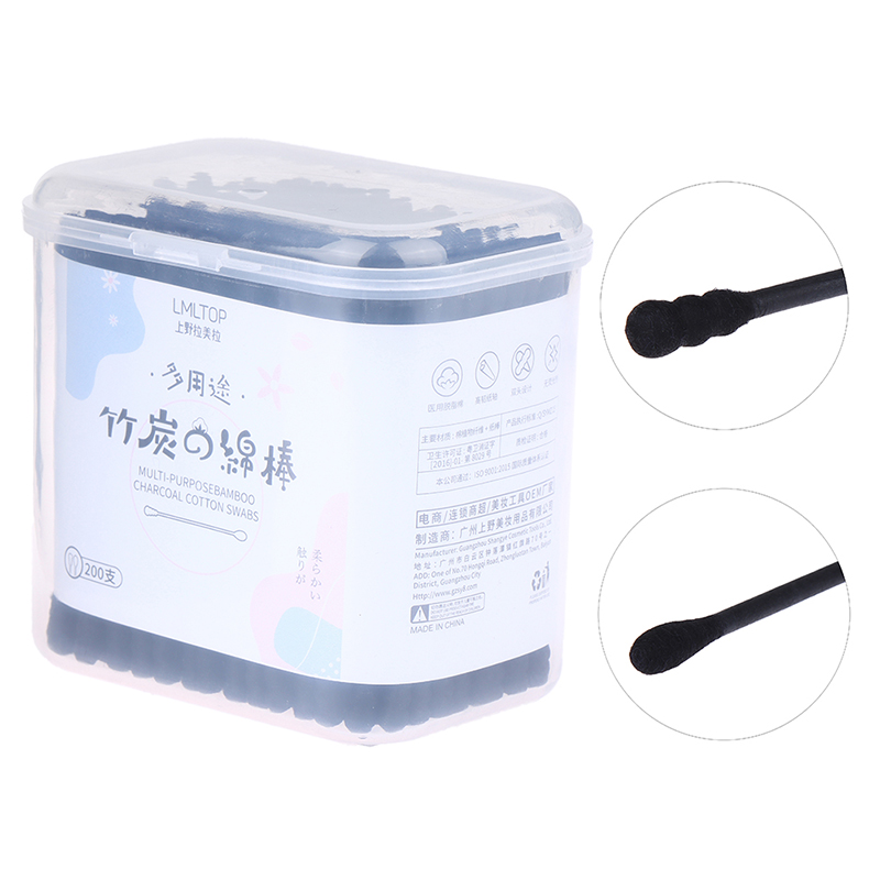 200pcs Disposable Cotton Swab Spiral Ear Cleaner Black Double Heads Makeup