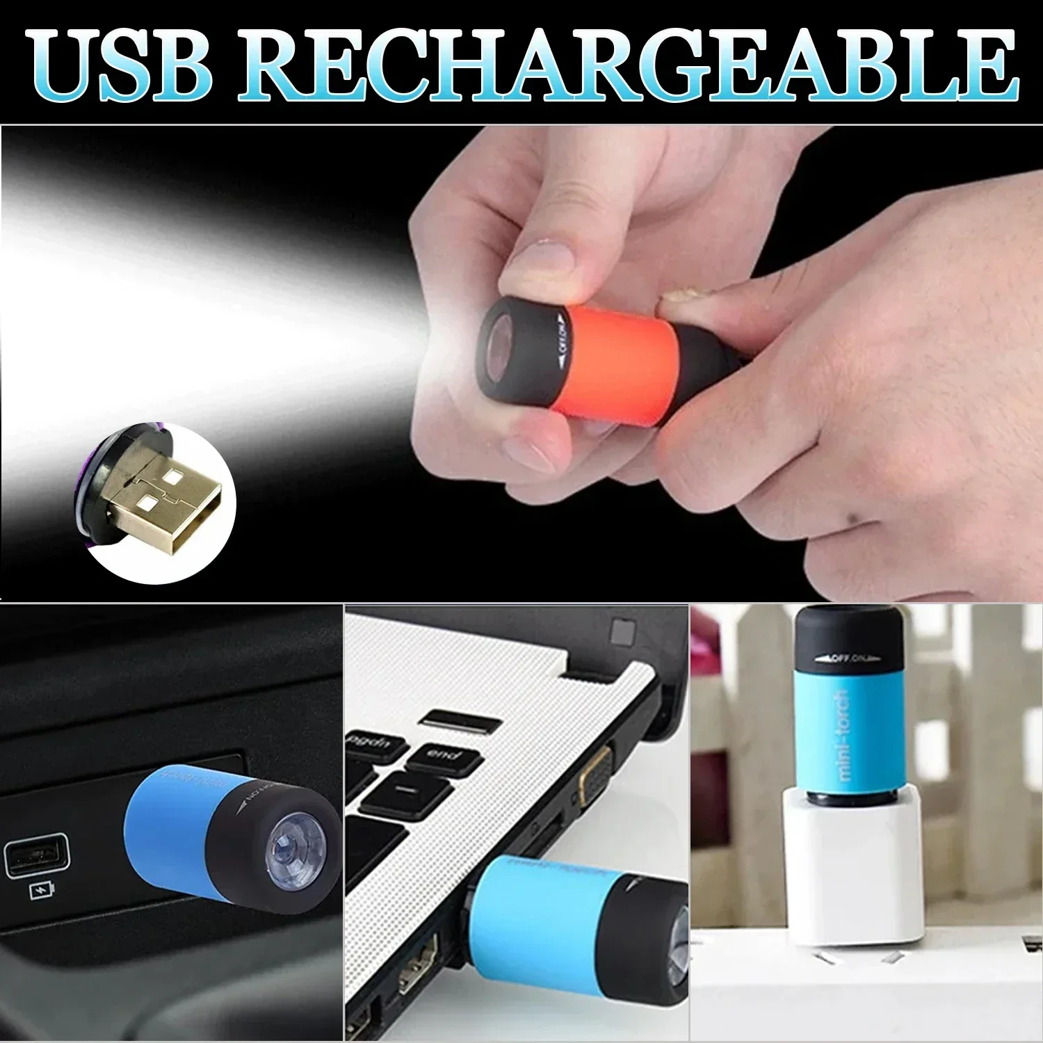 Portable Mini Flashlight Keychain Light USB Charging Pocket LED Lights Small Torch Rotary Switch Emergency Flashlights