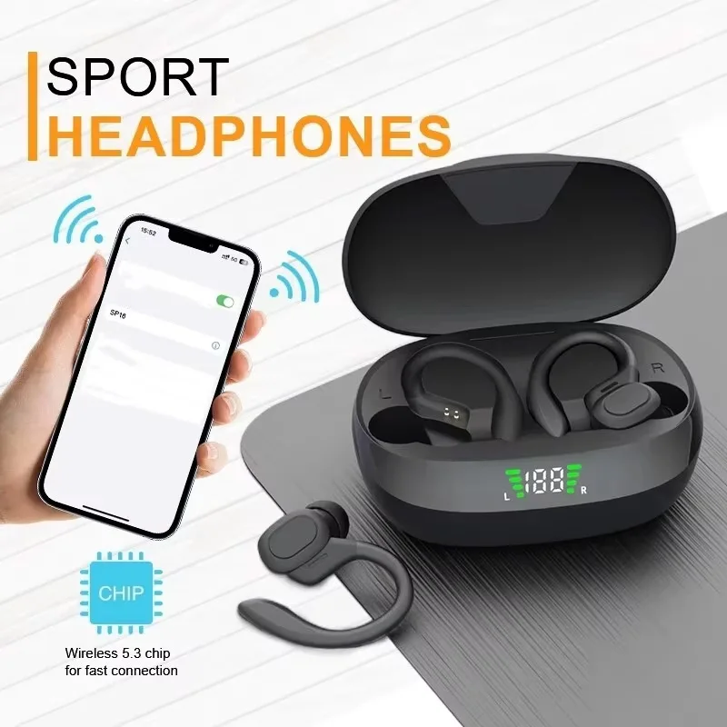 Wireless Earbuds Sport Bluetooth 5.3 Headphones with Noise Cancelling Mic 75H HiFi Stereo Over Ear Bud LED Display USB-C IPX6