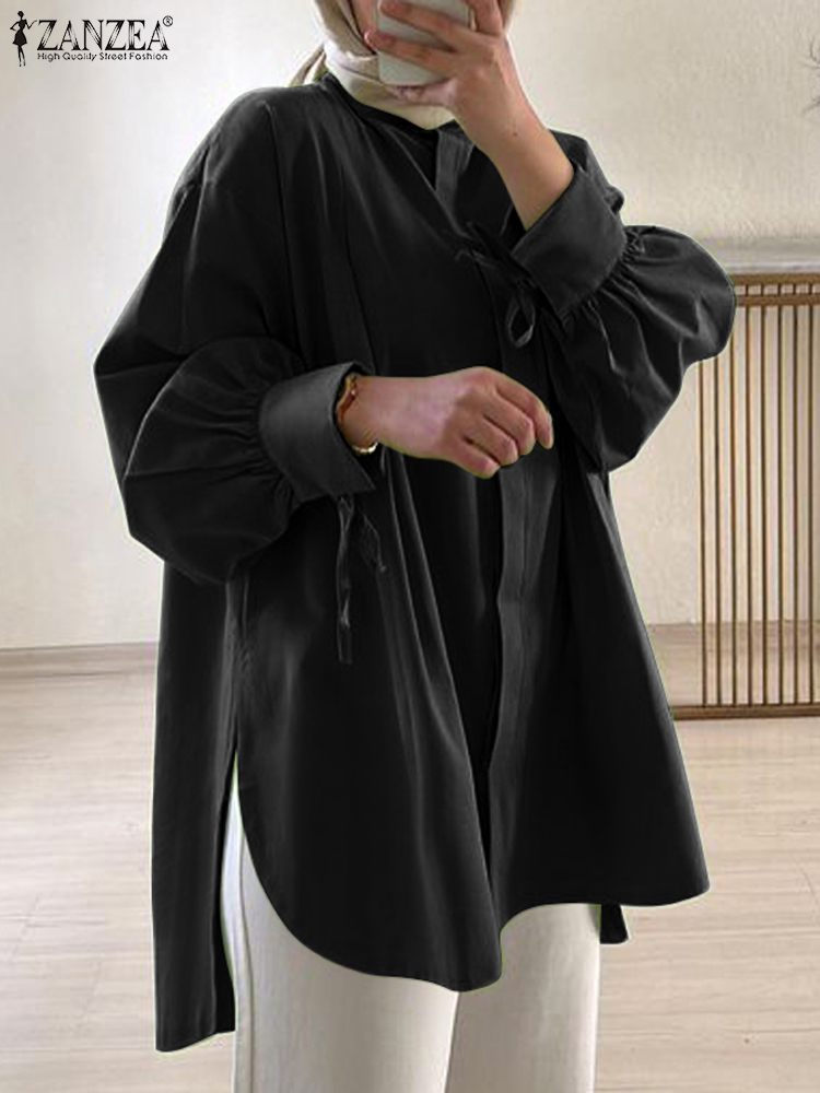 ZANZEA ファッション女性ブラウススタイリッシュな固体ルーズイスラム教徒ブラウスドバイトルコ Blusas 秋エレガントな長袖レースアップグリーントップス