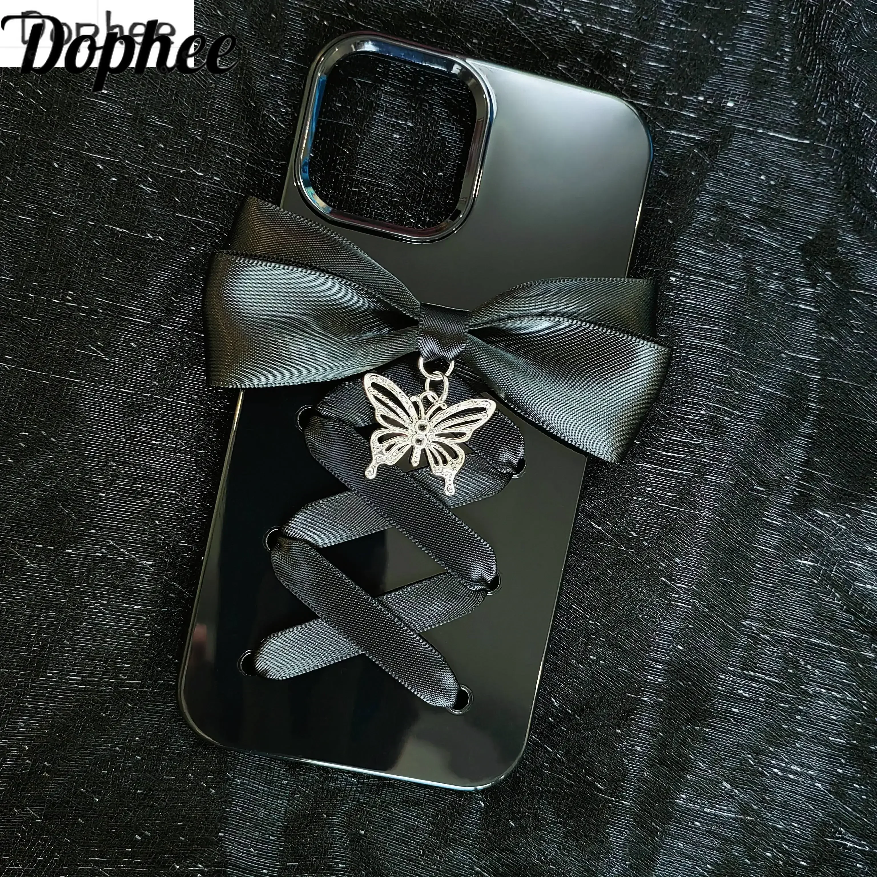 Dophee Original Rhinestone Butterfly Apple Phone Case Punk Style Black Spice Girls Bowknot Tpu Phone Covers IPhone 15 16 Promax
