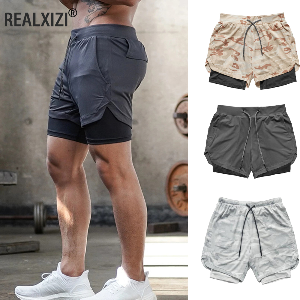Herren-Gymnastik-Sport-Shorts, Joggen, Laufen, atmungsaktiv, Fitness, Übung, doppellagiges Hemd, versteckte Tasche, lässige Camouflage-Shorts