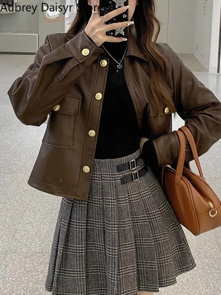 Vintage Braune Lederjacke Damen Streetwear Casual Moto Biker Lederjacke Koreanischer Winter Punk Dünner Blazer Ledermantel 2023