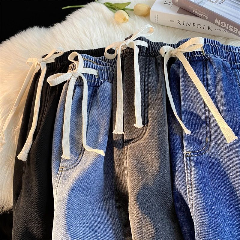 Vaqueros coreanos Retro para hombres y mujeres, modelos de otoño e invierno, pantalones casuales de pierna ancha rectos sueltos acolchados y gruesos