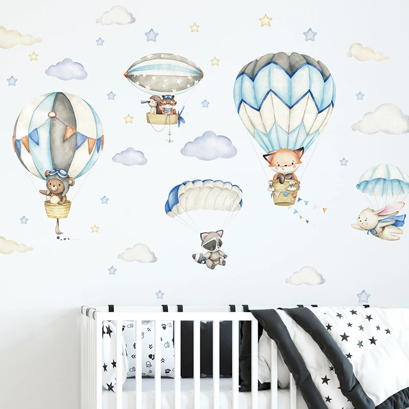Adesivos de parede com balão de ar quente, animais fofos de desenho animado para quarto de crianças, berçário de bebê, decoração de quarto, decoração de casa, pvc