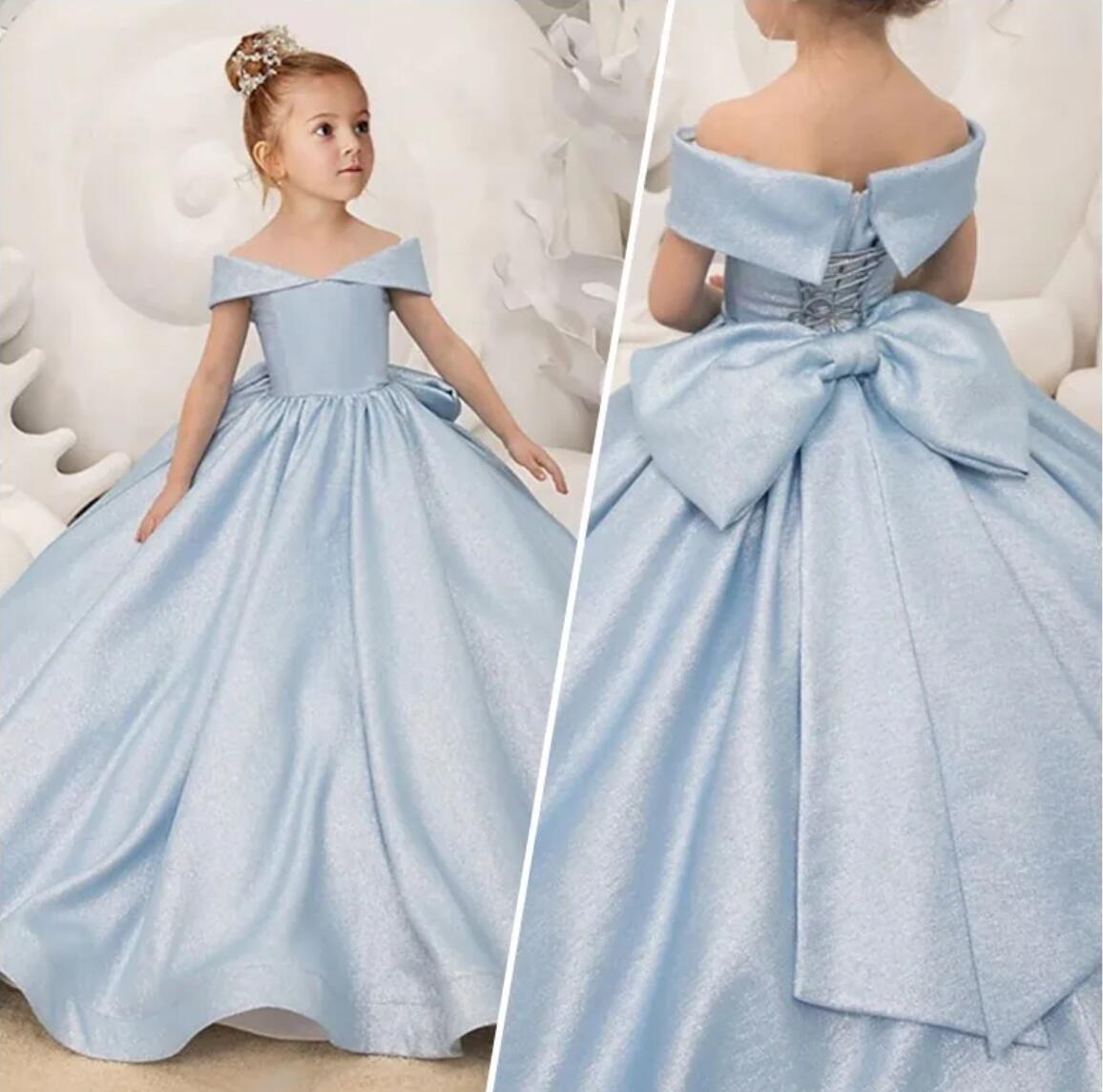 Hellblaue Blumenmädchenkleider mit einfacher Schleife, elegantes Prinzessinnen-Satin-Ballkleid für Kindergeburtstagsfeier, Erstkommunionkleid