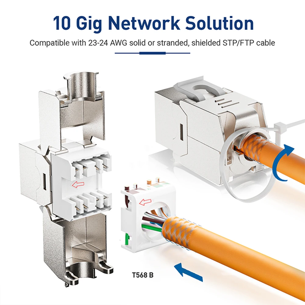 ZoeRax 24PCS RJ45 Cat7 Cat6A Keystone Jack Ekranowany adapter modułu typu Toolless ze stopu cynku Łącznik do panelu krosowego / palnika ściennego