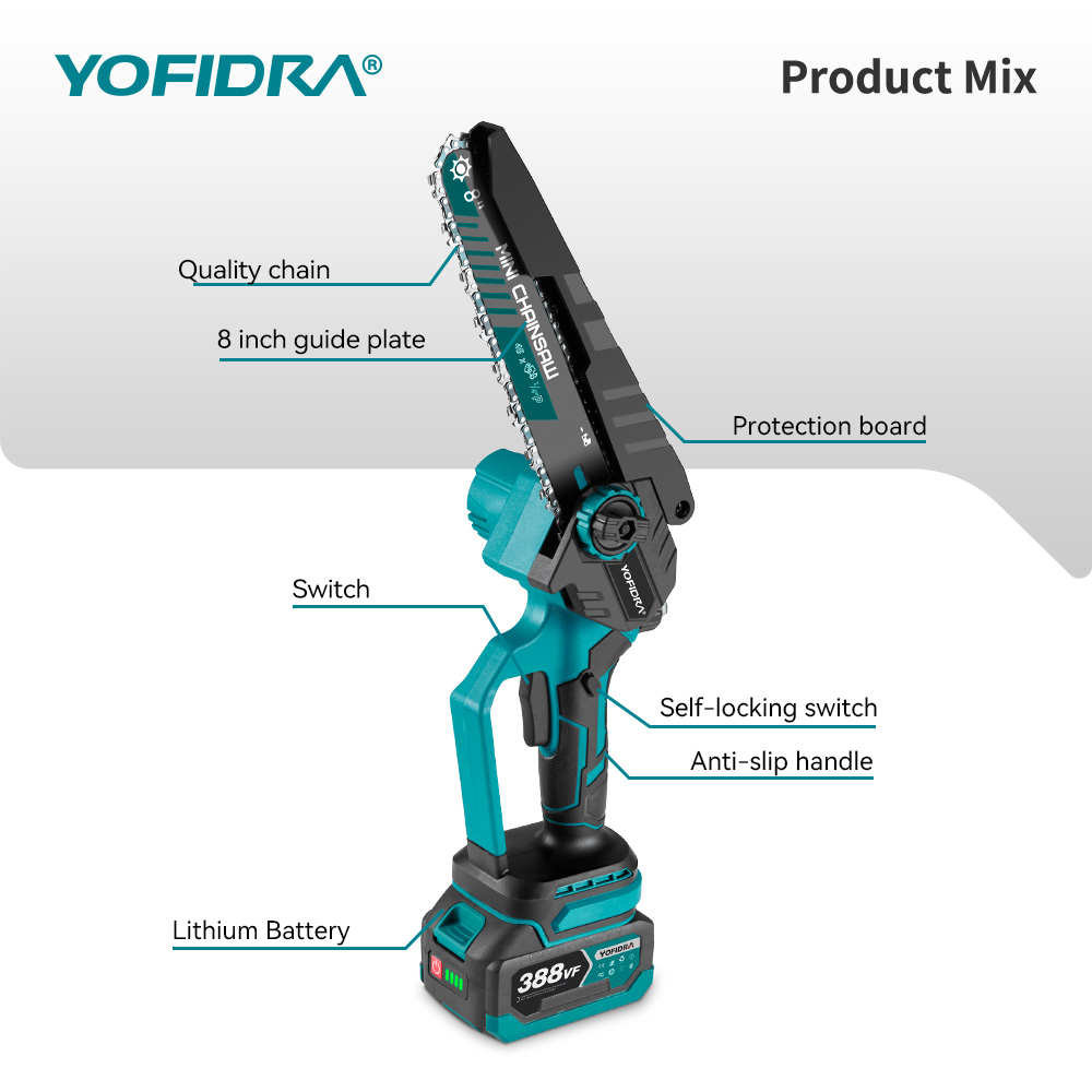 YOFIDRA Бесщеточная 8-дюймовая электрическая обрезная пила, бензопила, перезаряжаемая деревообрабатывающая пила, электроинструмент, подходит для аккумуляторного штифта Makita 18 В