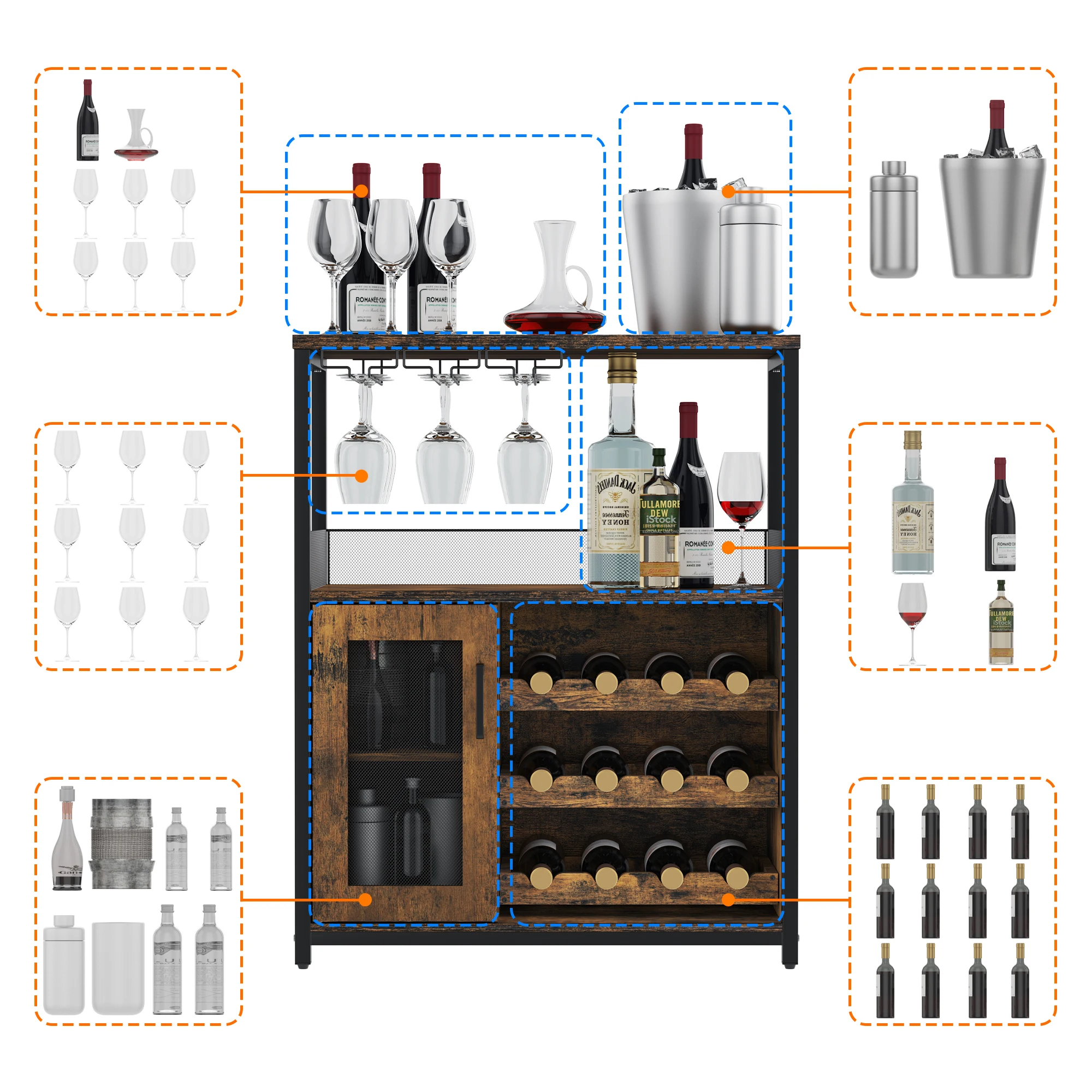 Wine Bar Cabinet with Detachable Wine Rack,Bar Rack Cabinet with Glass Holder and 1 Drawer,Mesh Door,Small Sideboard