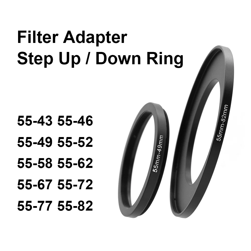 Anillo adaptador de filtro de lente de cámara, anillo elevador o abajo de Metal para lente de 55mm-43 46 49 52 58 62 67 72 77 82mm UV ND CPL parasol