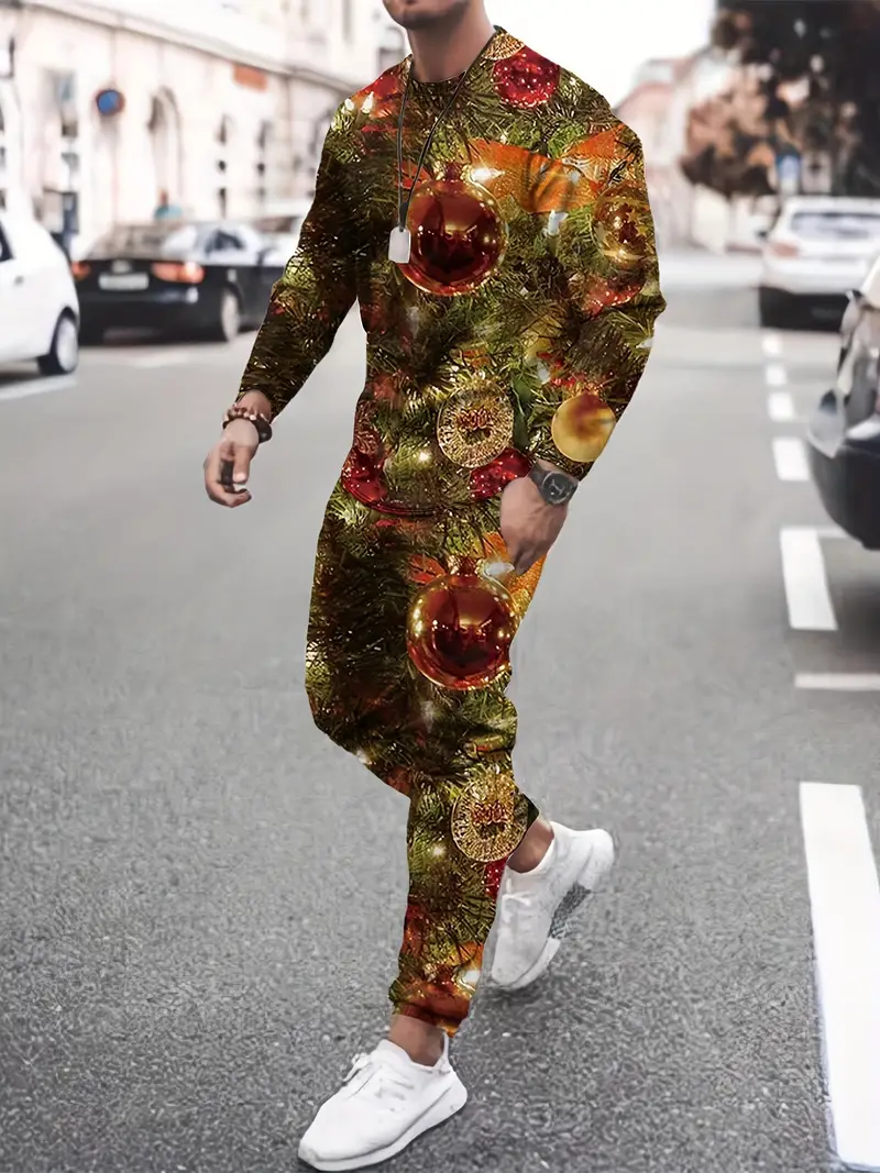 Traje de manga larga con estampado navideño 3D para hombre, Sudadera de cuello redondo y pantalones largos, ropa de moda para correr