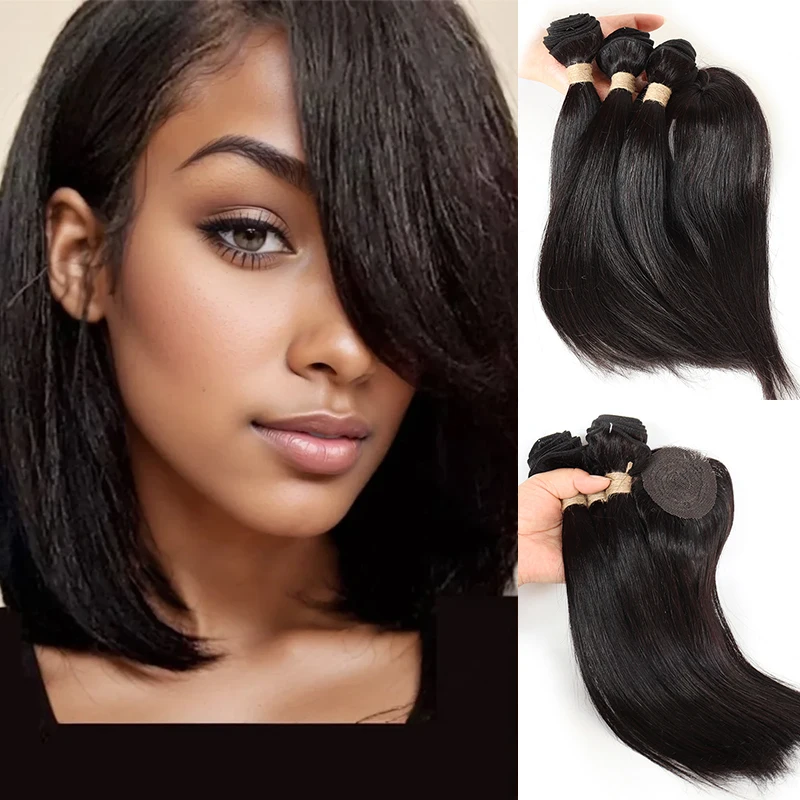 Pacotes de cabelo humano com fechamento, extensões naturais de cabelo, cabelo brasileiro reto, círculo central, 8-12