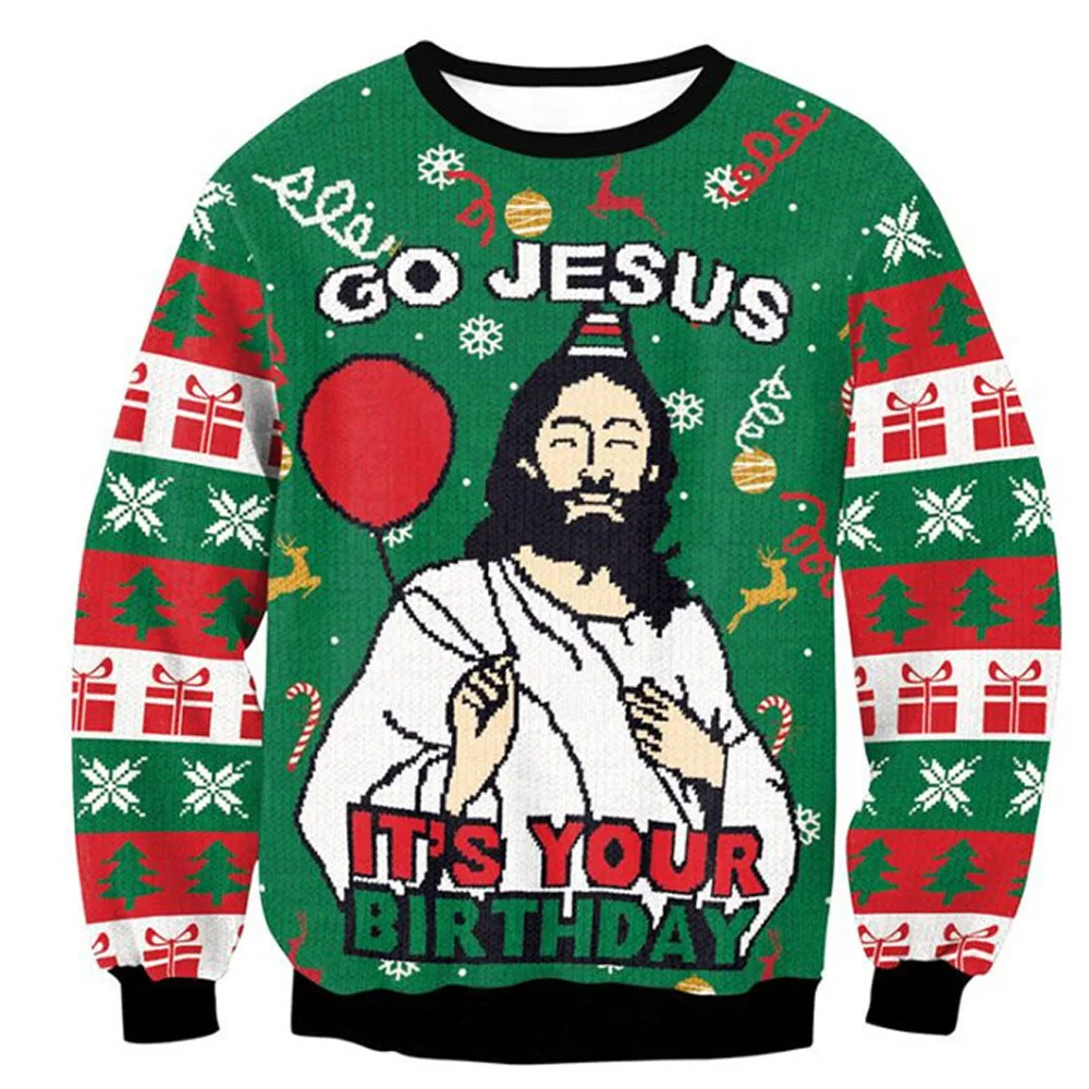 Männer Frauen Urlaub Party Weihnachten Sweatshirt Alles Gute zum Geburtstag Jesus Pullover Grün 3D Lustige Gedruckt Hässliche Weihnachten Pullover Pullover Tops