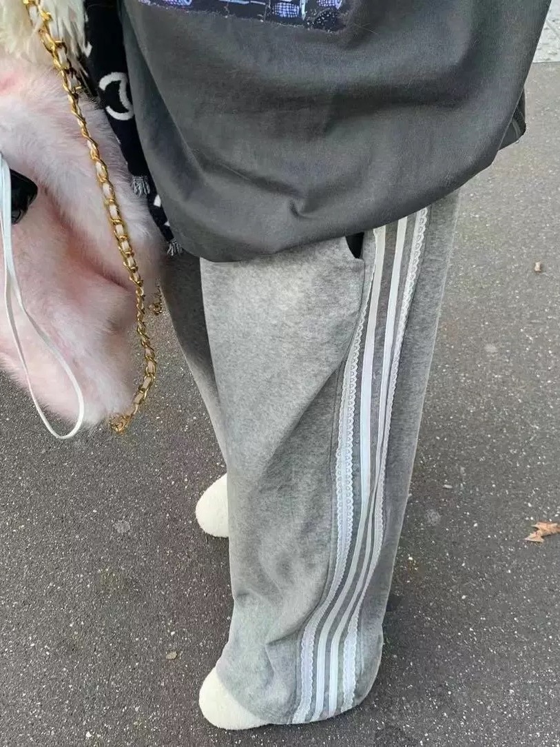 Retro Chic Velvet Sport Pants Wide Leg Casual Trousers Asymmetrical Lace Splice Side Knitted Band Autumn Winter Long Trousers