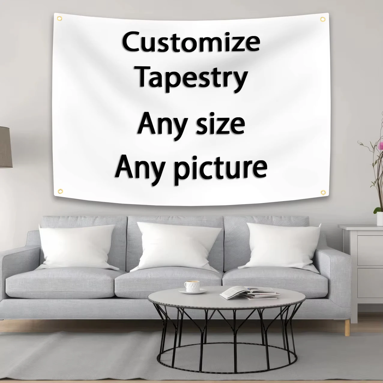 Tapiz de 4 agujeros con bandera personalizada, imagen de cualquier tamaño, decoración de fondo de sala de dormitorio y Bar impreso de poliéster