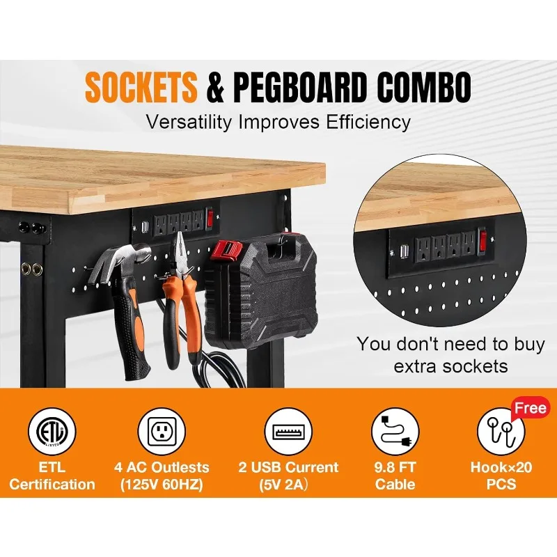72” Adjustable Height Workbench, 5000 LBS Heavy Duty Table Rubber Wood Workstation with Power Outlet & Pegboard for Garage, Offi