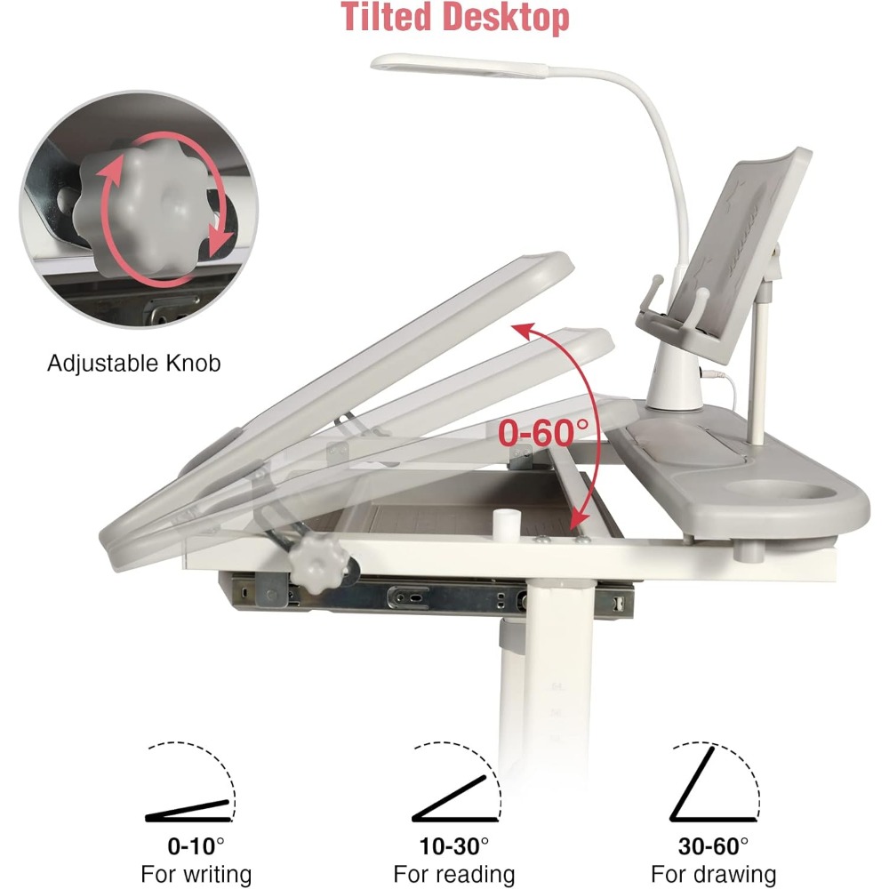 Height-Adjustable Kids Desk and Chair Set for Home Study with Storage, LED Light, Cup Holder, and Bookstand