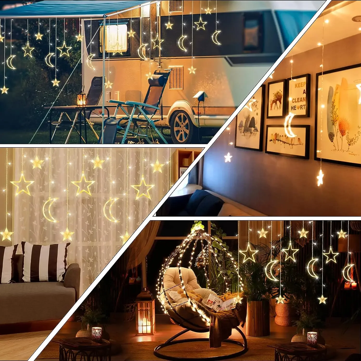 LED Star Moon String ไฟพลังงานแสงอาทิตย์/แบตเตอรี่ขับเคลื่อนผ้าม่าน Fairy Garlands โคมไฟกันน้ําสําหรับงานแต่งงานหน้าแรกตกแต่งวันหยุด