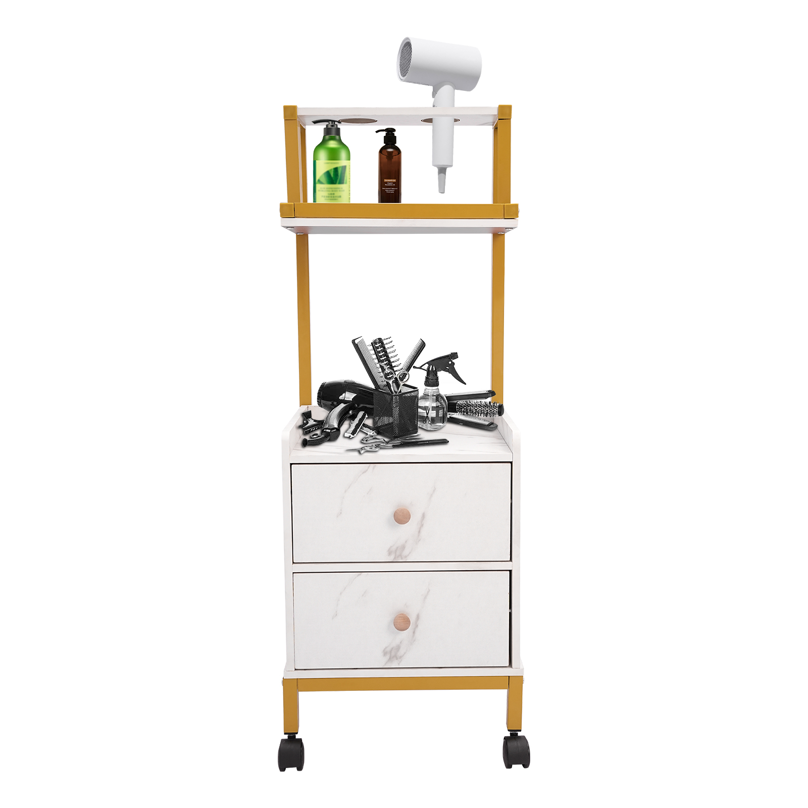 Salon Trolley with Wheels Rolling Barber Cart with Drawers Marbled Board for Beauty Salon Metal Frame Tool Holders