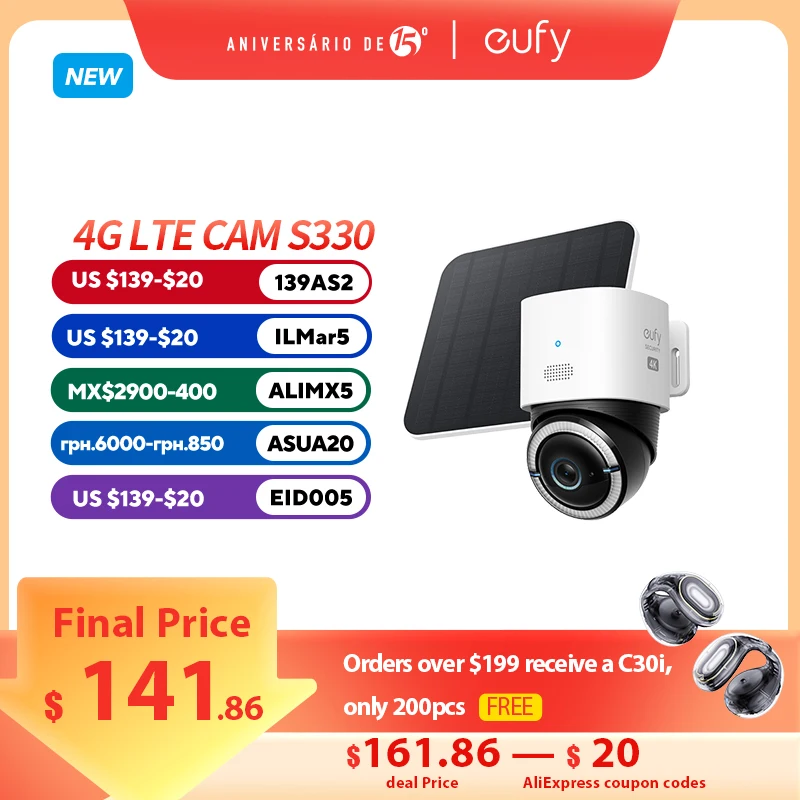eufy Security 4G Telecamera solare LTE Cam S330 4K Sicurezza cellulare Wireless Outdoor Pan & Tilt 4G Wi-Fi Dual-Mode Sorveglianza