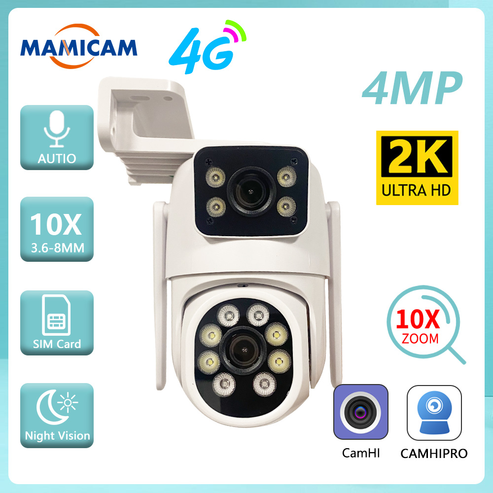 4MP WIFI IP Camera 3G 4G SIM Card PTZ 4MP Video Surveillance Cameras Outdoor Dual Lens ZOOM Alarm Color Night Camhipro App