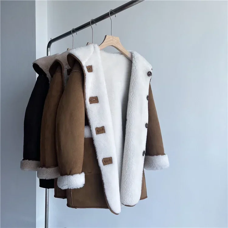 Tajiyane casual com capuz 100% casaco de lã feminino casacos de pele inverno ovelha corte jaqueta dupla face usar jaquetas para mulher chaquetas