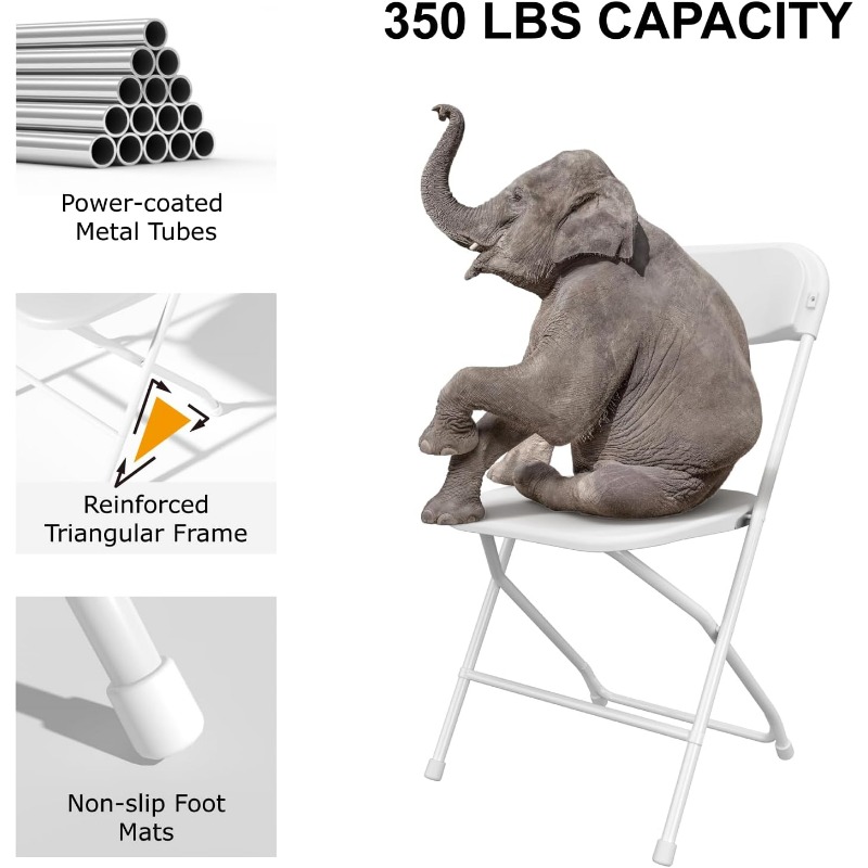 10 Pack White Folding Chairs, Plastic Folding Chair for Outside, Indoor Outdoor Portable Commercial Seat with Steel Frame