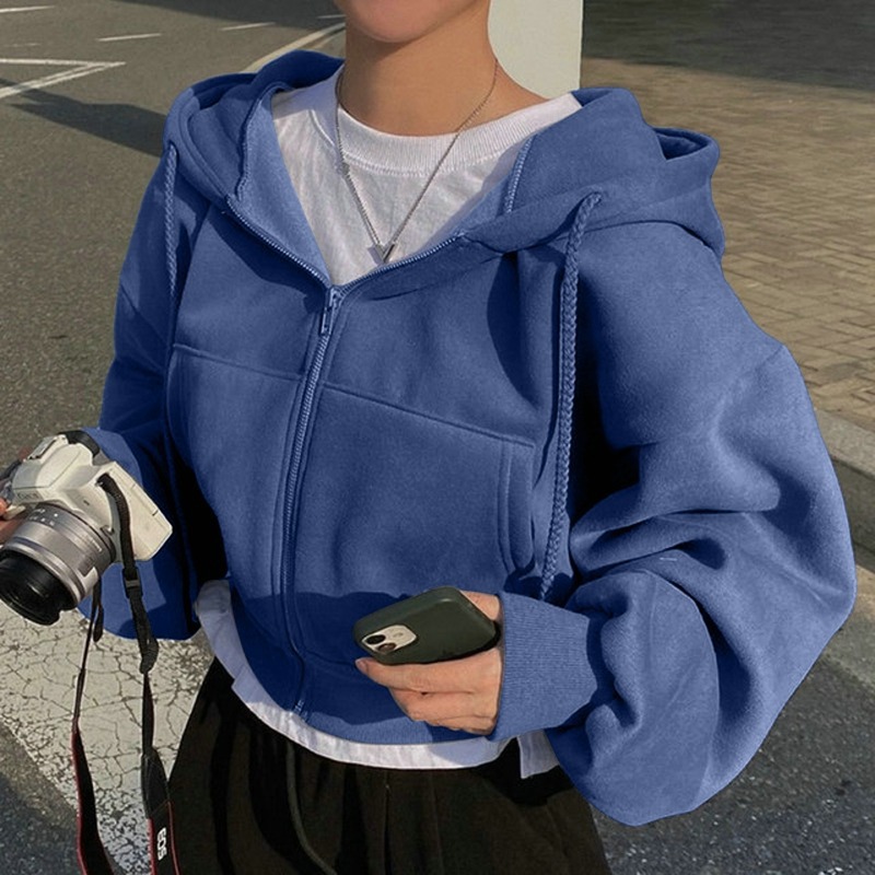 2025 Spring Autumn New Insfleece-lined Versatile Cropped Slims Smooths Silhouette Zip-up Warm Navy Blue Hooded Sweatshirt Women